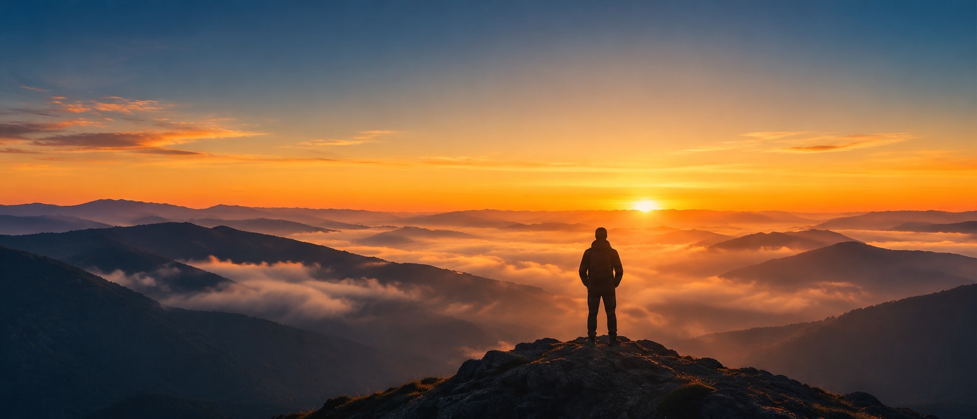 A lone hiker on a summit watching the sun rise over a sea of clouds